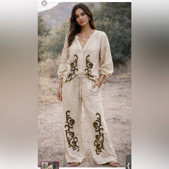 Pants - Elegant Cream and Brown Wide Leg Pant set